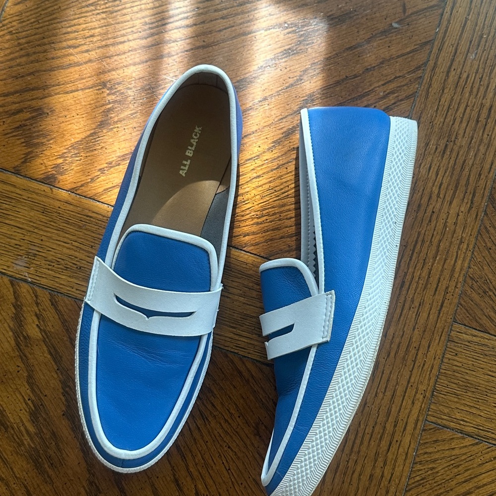 All Black Blue and White Leather Penny Loafer